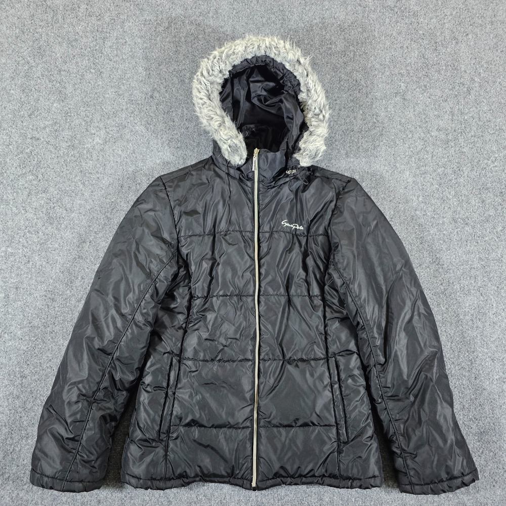 Y2K Southpole Zip Up Puffer Jacket Faux Fur‎ Hood Black Women's Size XL 2000s